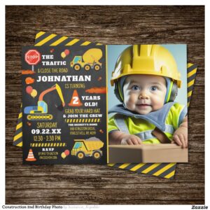 Construction 2nd Birthday Photo Invitation