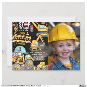 Construction 3rd Birthday Photo Dump Truck Digger Invitation