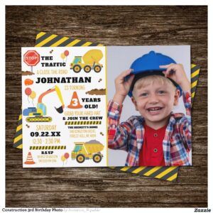 Construction 3rd Birthday Photo Invitation