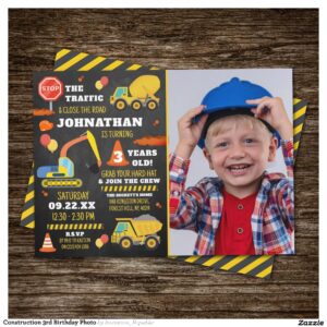 Construction 3rd Birthday Photo Invitation