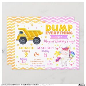 Construction and Unicorn Joint Birthday Invitation