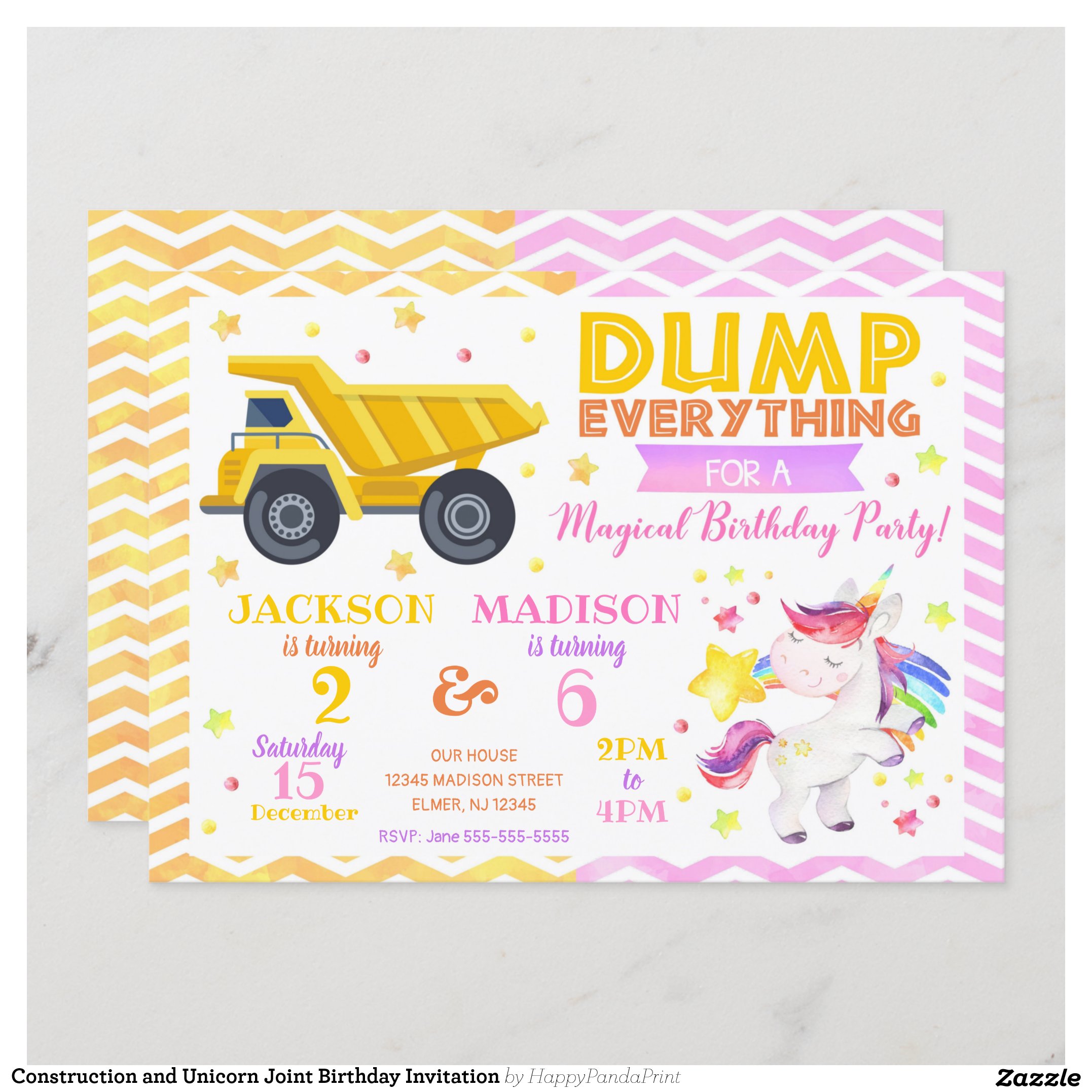 Construction and Unicorn Joint Birthday Invitation