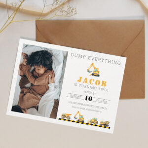 Construction Birthday Dump Truck Digger Photo Invitation