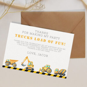 Construction Birthday Dump Truck Digger Thank You Card