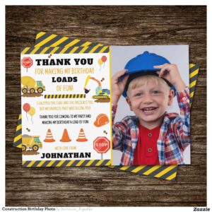 Construction Birthday Photo Thank You Card