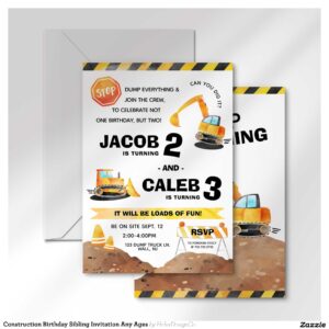 Construction Birthday Sibling Invitation Any Ages
