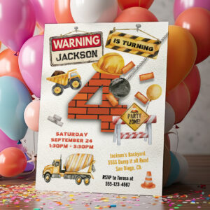Construction Birthday Turning Four Wrecking Ball Invitation