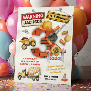 Construction Birthday Turning Three Wrecking Ball Invitation