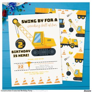 Construction Crane 2nd Birthday Party Invitation