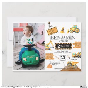Construction Digger Trucks 1st Birthday Party Invitation