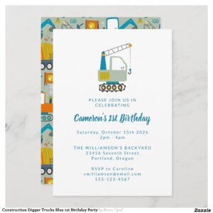 Construction Digger Trucks Blue 1st Birthday Party Invitation