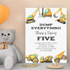 Construction Dump Everything Truck 5th birthday Invitation