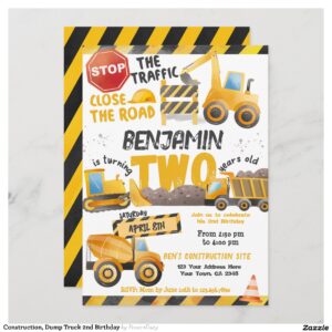 Construction, Dump Truck 2nd Birthday Invitation