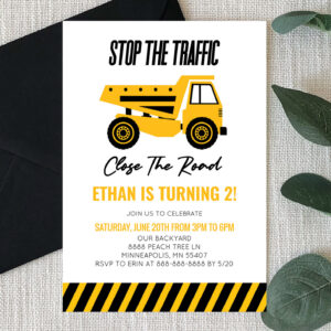 Construction Dump Truck Bulldozer Birthday Party Invitation