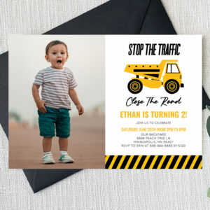 Construction Dump Truck Bulldozer Birthday Party Invitation