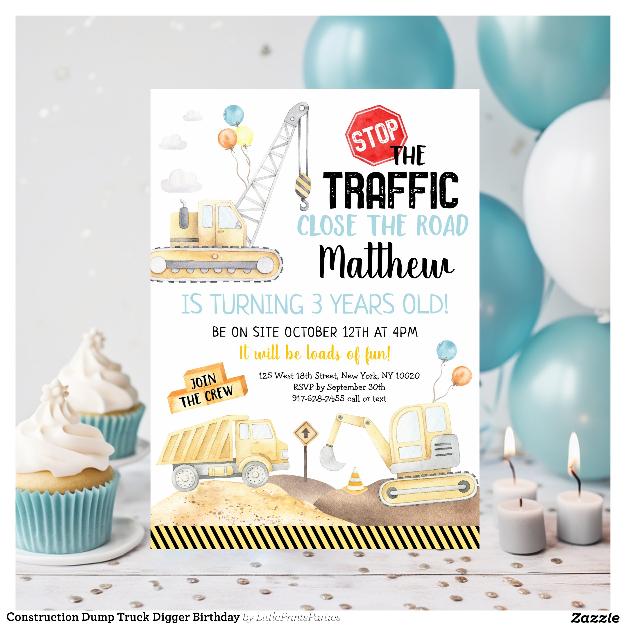 Construction Dump Truck Digger Birthday Invitation