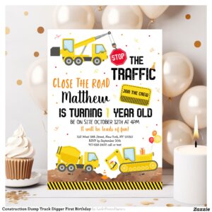 Construction Dump Truck Digger First Birthday Invitation