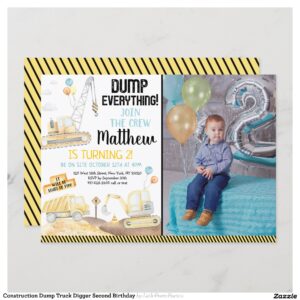 Construction Dump Truck Digger Second Birthday Invitation