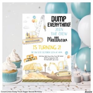 Construction Dump Truck Digger Second Birthday Invitation