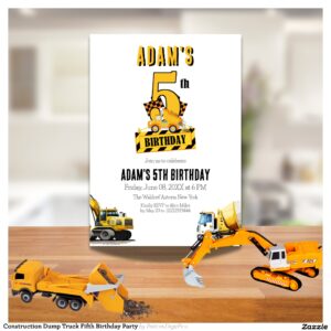 Construction Dump Truck Fifth Birthday Party Invitation