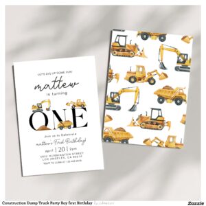 Construction Dump Truck Party Boy first Birthday Invitation