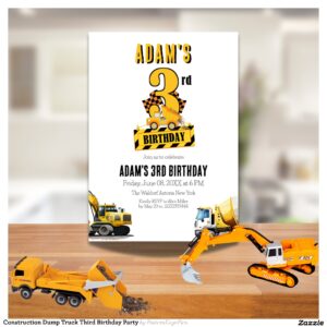 Construction Dump Truck Third Birthday Party Invitation