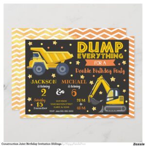 Construction Joint Birthday Invitation Siblings