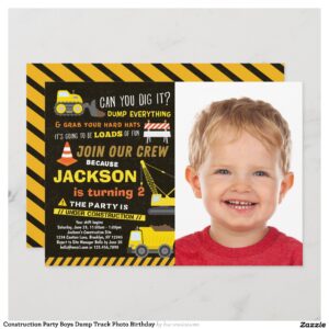 Construction Party Boys Dump Truck Photo Birthday Invitation