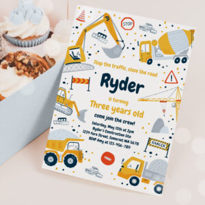 Construction Site Dump Truck Digger Birthday Party Invitation