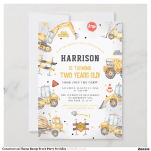 Construction Theme Dump Truck Party Birthday Invitation