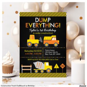 Construction Truck Chalkboard 1st Birthday Invitation