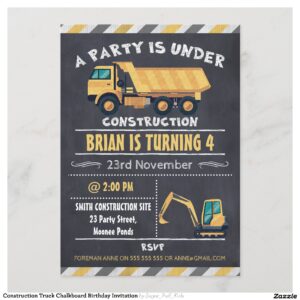 Construction Truck Chalkboard Birthday Invitation