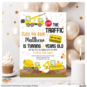 Construction Truck Dump Truck Digger Birthday Invitation