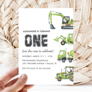 Construction Truck Vehicles Boys 1st Birthday Invitation
