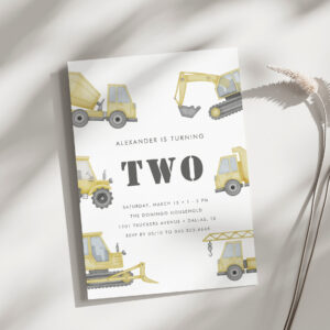 Construction Truck Vehicles Boys 2nd Birthday Invitation