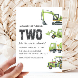 Construction Truck Vehicles Boys 2nd Birthday Invitation