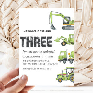 Construction Truck Vehicles Boys 3rd Birthday Invitation
