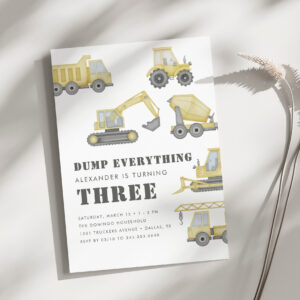 Construction Truck Vehicles Boys Birthday Party Invitation