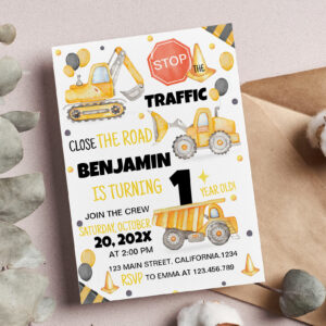 Construction Trucks 1st Birthday Invitation
