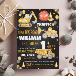 Construction Trucks 1st Birthday Invitation