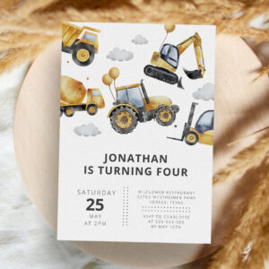 Construction Trucks Any Year Kids Birthday Invitation
