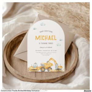 Construction Trucks Arched Birthday Invitation