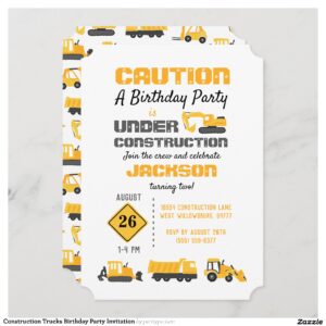 Construction Trucks Birthday Party Invitation
