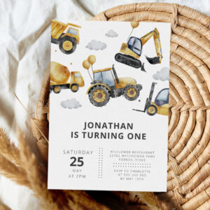 Construction Trucks Boy 1st Birthday Party Invitation