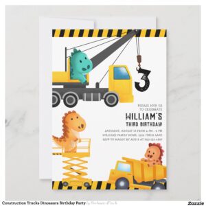 Construction Trucks Dinosaurs Birthday Party Invitation