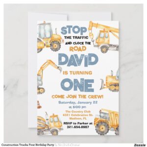 Construction Trucks First Birthday Party Invitation
