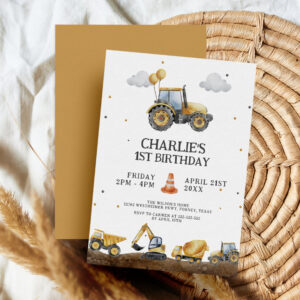 Construction Trucks Simple Minimalist Birthday Invitation