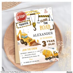 Construction Trucks Theme 3rd Birthday Party Invitation