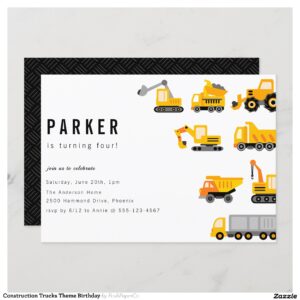 Construction Trucks Theme Birthday Invitation