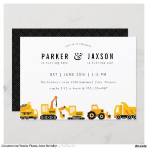 Construction Trucks Theme Joint Birthday Invitation